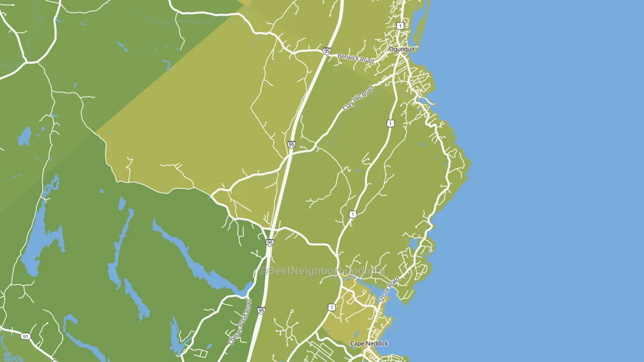 Map of the best neighborhoods in the 03902 area, with better matches in green and worse matches in red