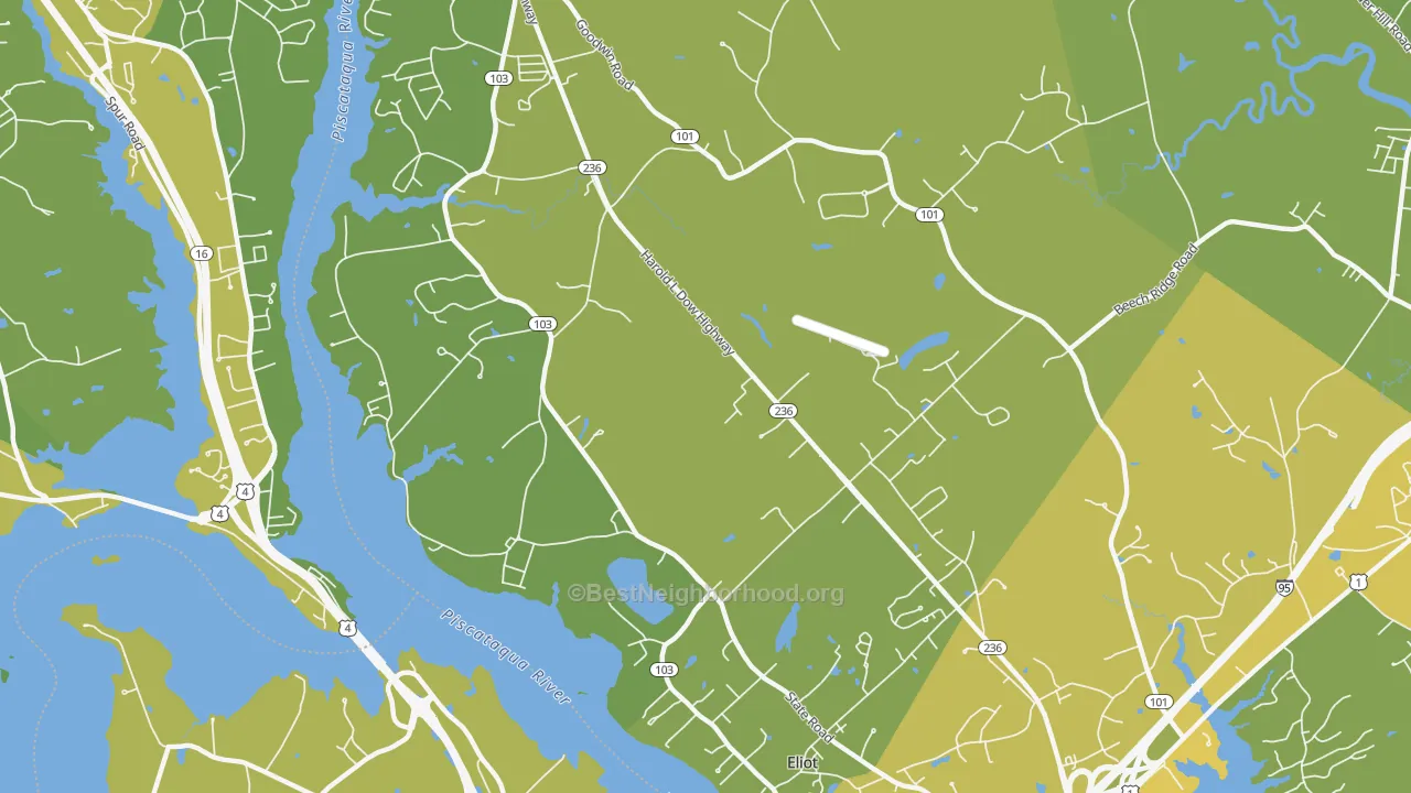 Map of the best neighborhoods in the 03903 area, with better matches in green and worse matches in red