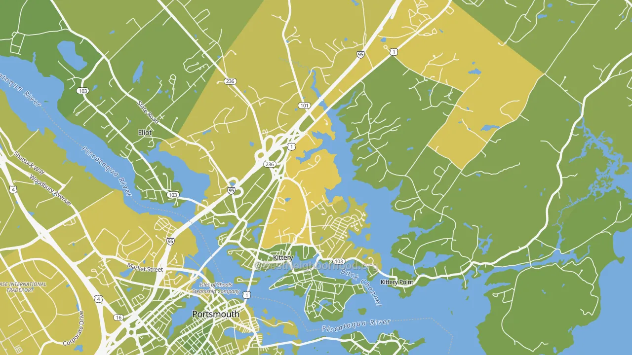 Map of the best neighborhoods in the 03904 area, with better matches in green and worse matches in red