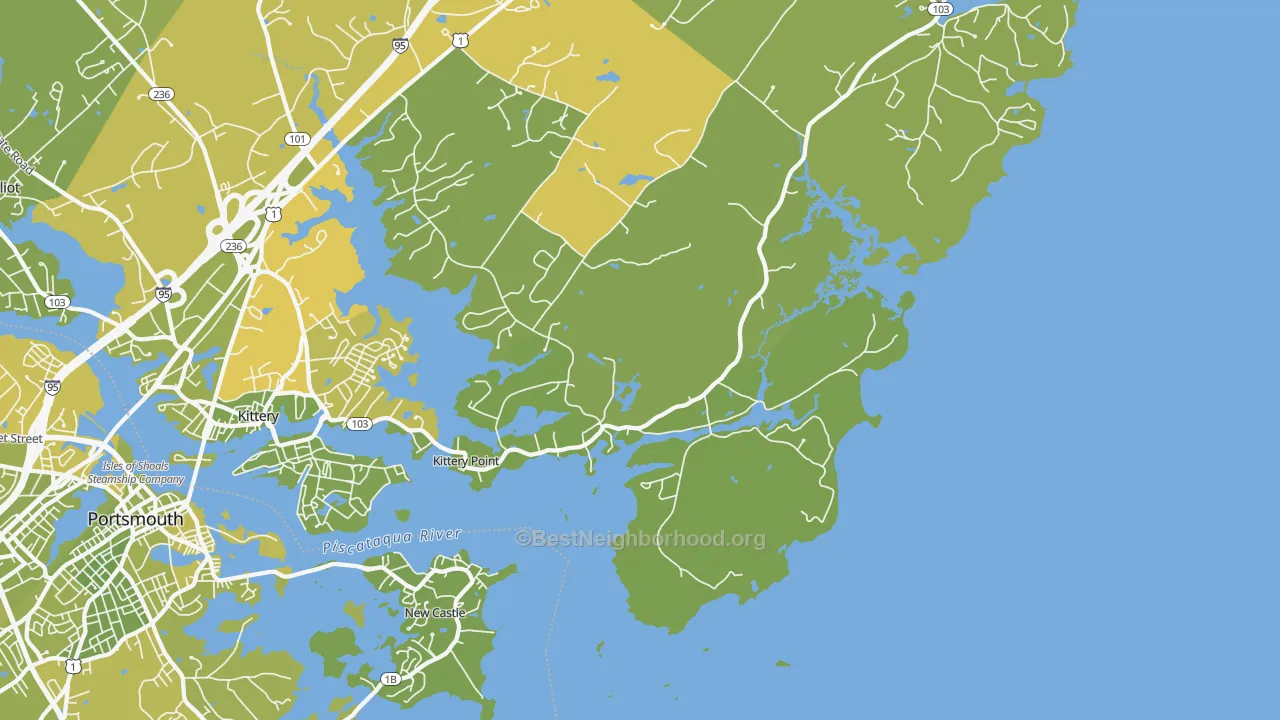 Map of the best neighborhoods in the 03905 area, with better matches in green and worse matches in red