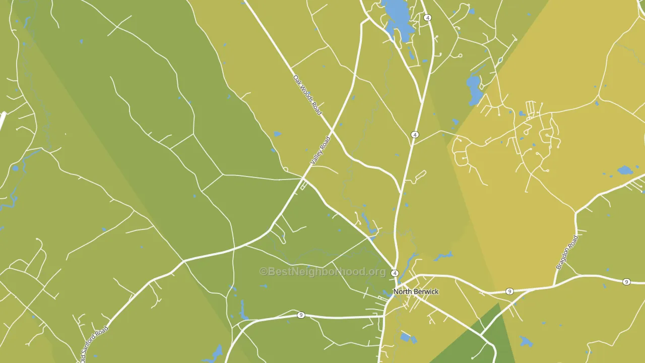 Map of the best neighborhoods in the 03906 area, with better matches in green and worse matches in red
