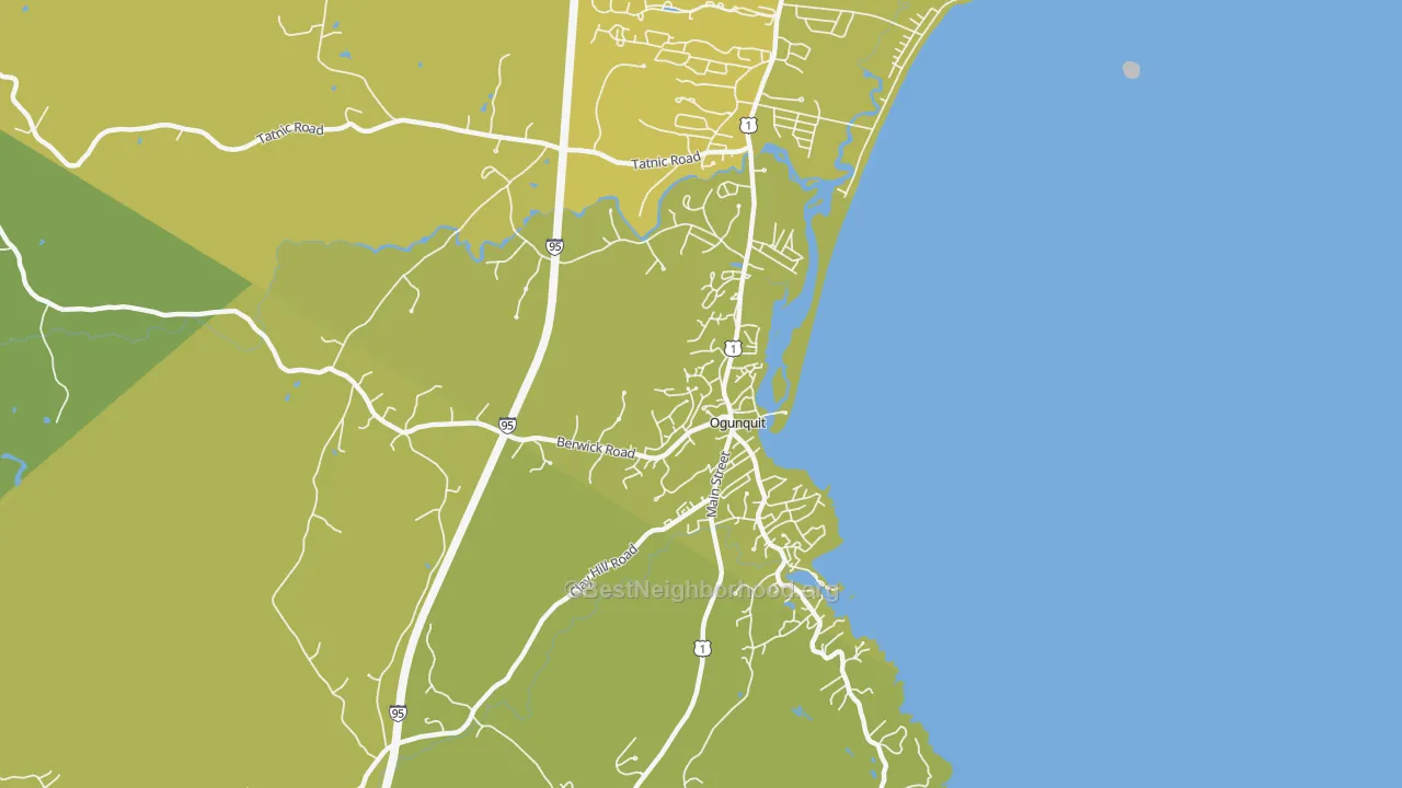 Map of the best neighborhoods in the 03907 area, with better matches in green and worse matches in red