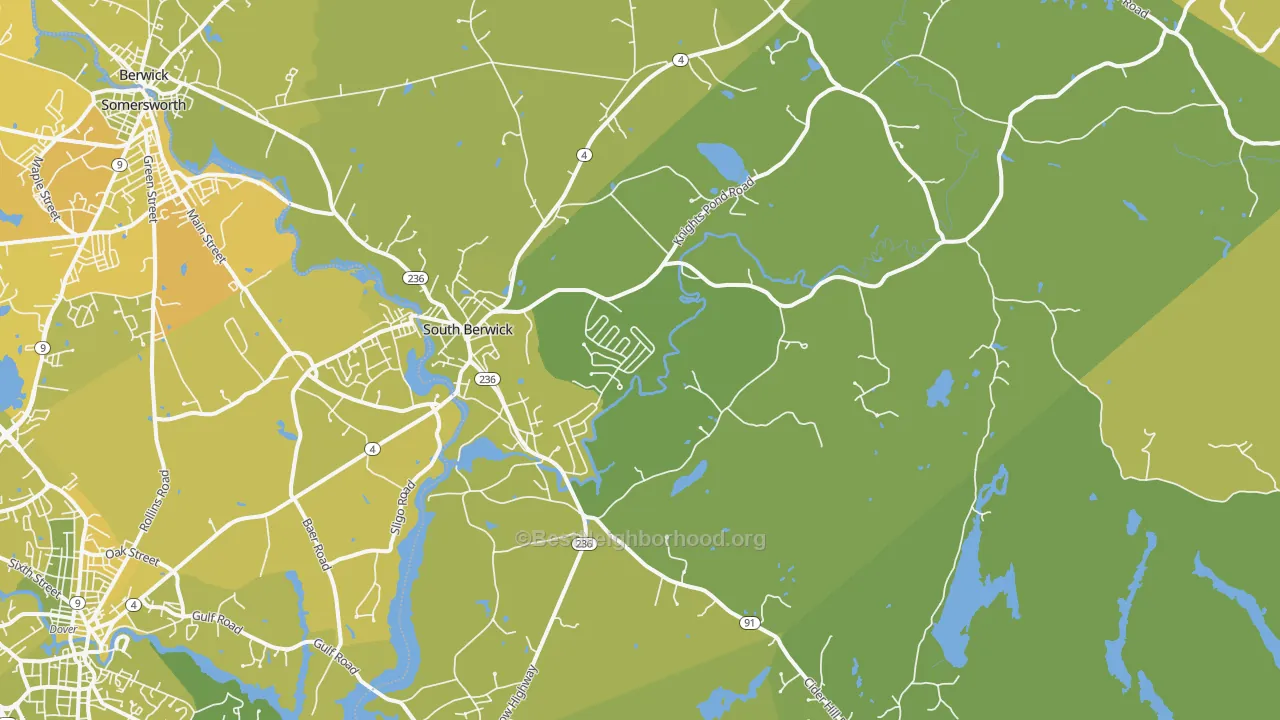 Map of the best neighborhoods in the 03908 area, with better matches in green and worse matches in red