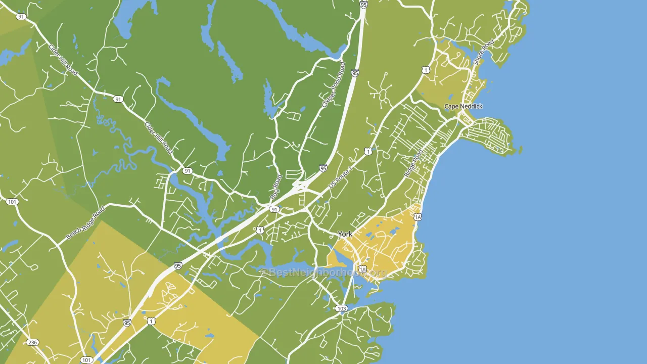 Map of the best neighborhoods in the 03909 area, with better matches in green and worse matches in red