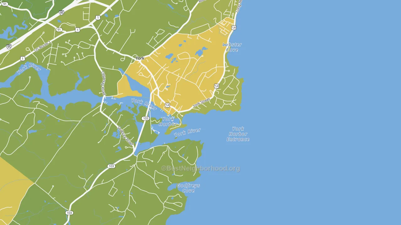 Map of the best neighborhoods in the 03911 area, with better matches in green and worse matches in red