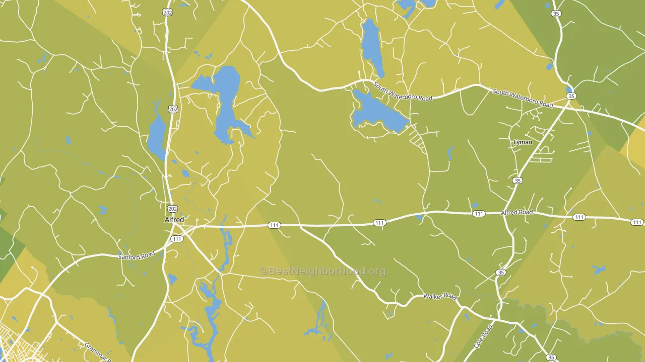 Map of the best neighborhoods in the 04002 area, with better matches in green and worse matches in red