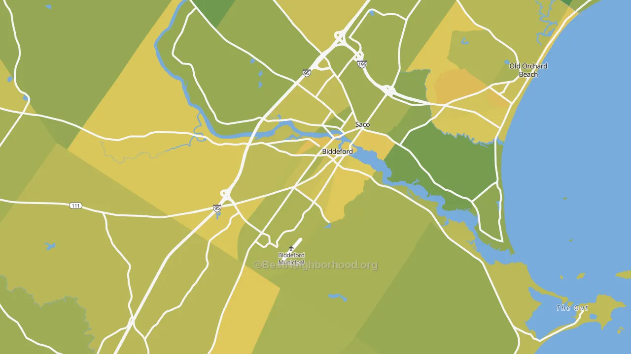 Map of the best neighborhoods in the 04005 area, with better matches in green and worse matches in red