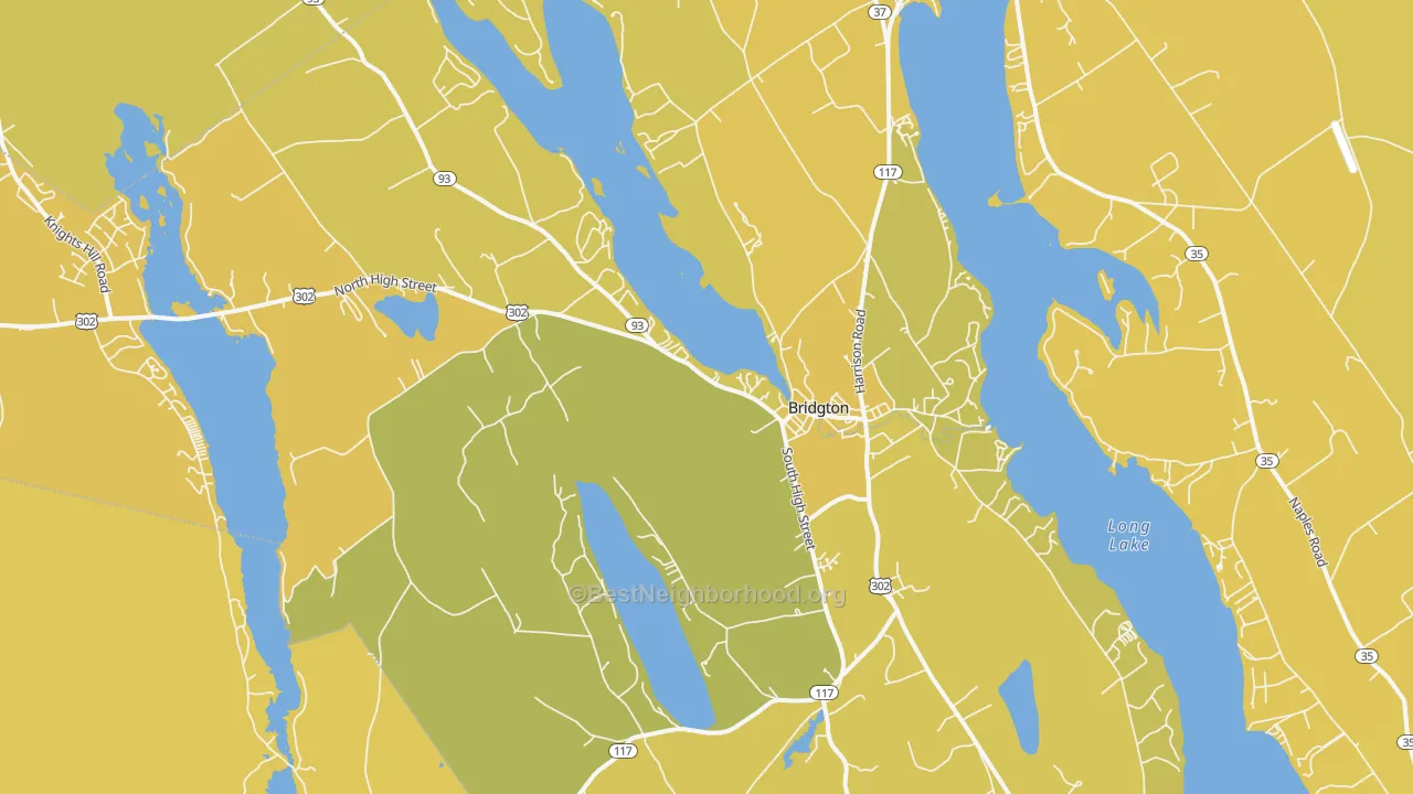 Map of the best neighborhoods in the 04009 area, with better matches in green and worse matches in red