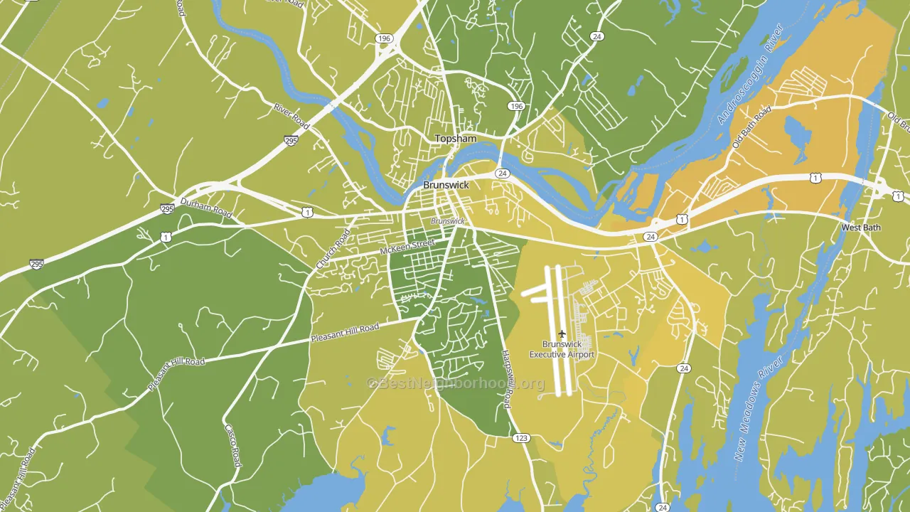 Map of the best neighborhoods in the 04011 area, with better matches in green and worse matches in red