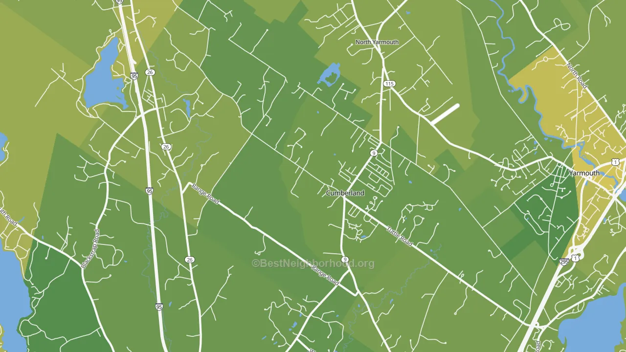 Map of the best neighborhoods in the 04021 area, with better matches in green and worse matches in red