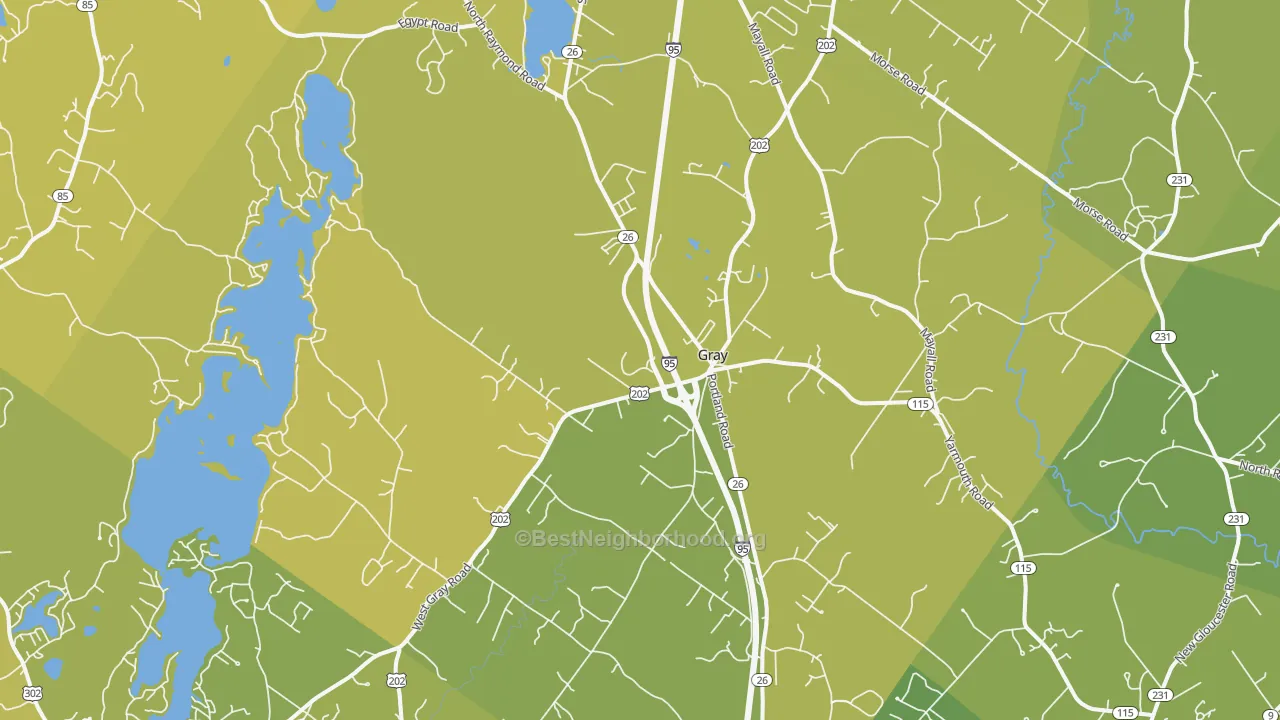 Map of the best neighborhoods in the 04039 area, with better matches in green and worse matches in red