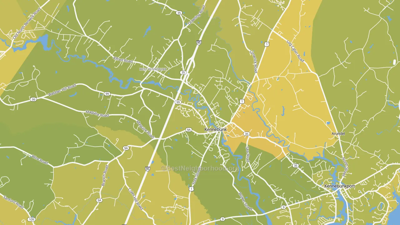 Map of the best neighborhoods in the 04043 area, with better matches in green and worse matches in red