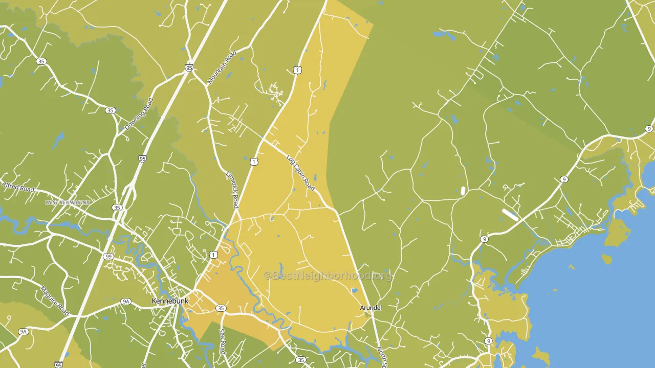 Map of the best neighborhoods in the 04046 area, with better matches in green and worse matches in red