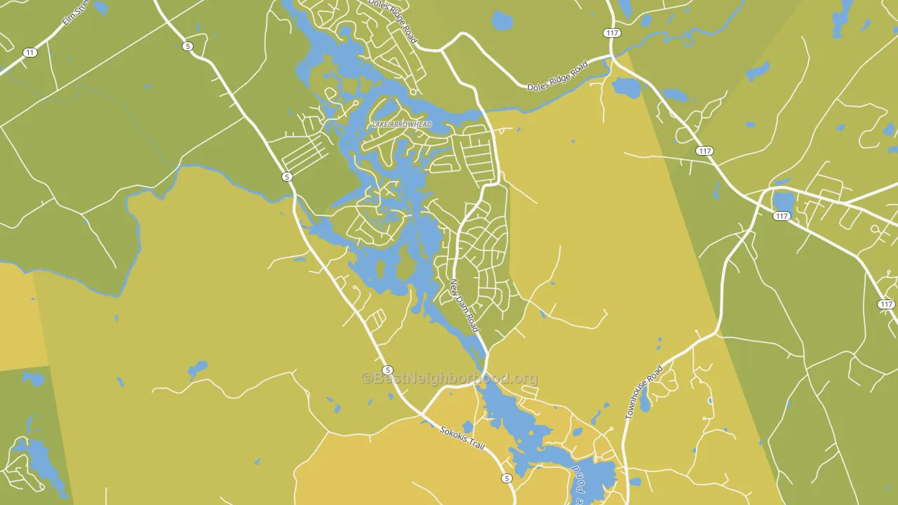 Map of the best neighborhoods in the 04061 area, with better matches in green and worse matches in red