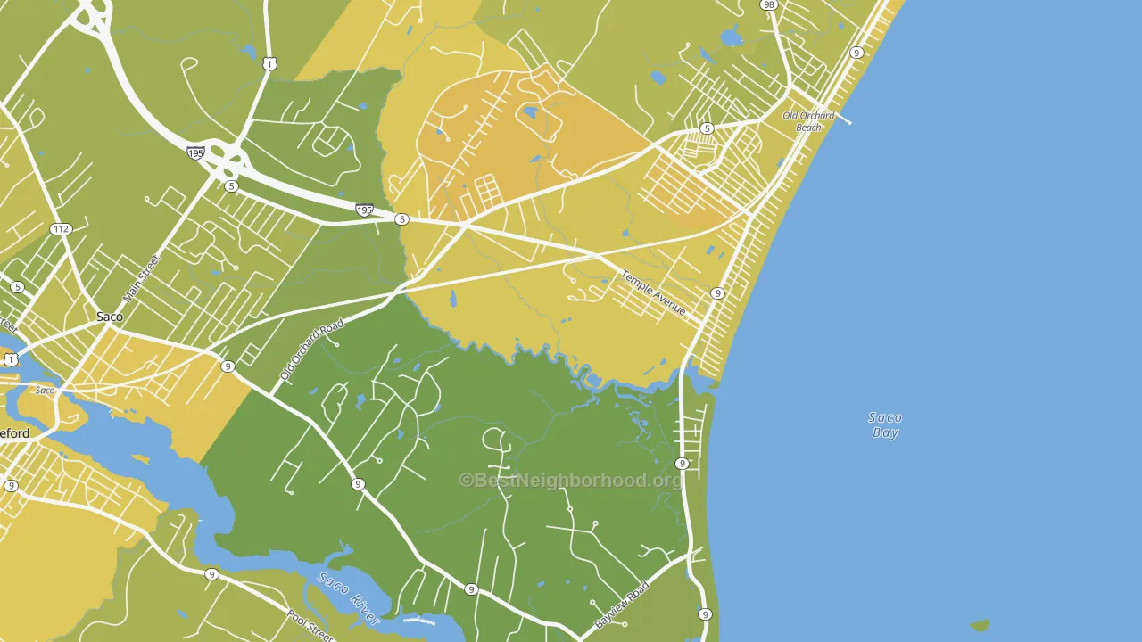 Map of the best neighborhoods in the 04063 area, with better matches in green and worse matches in red