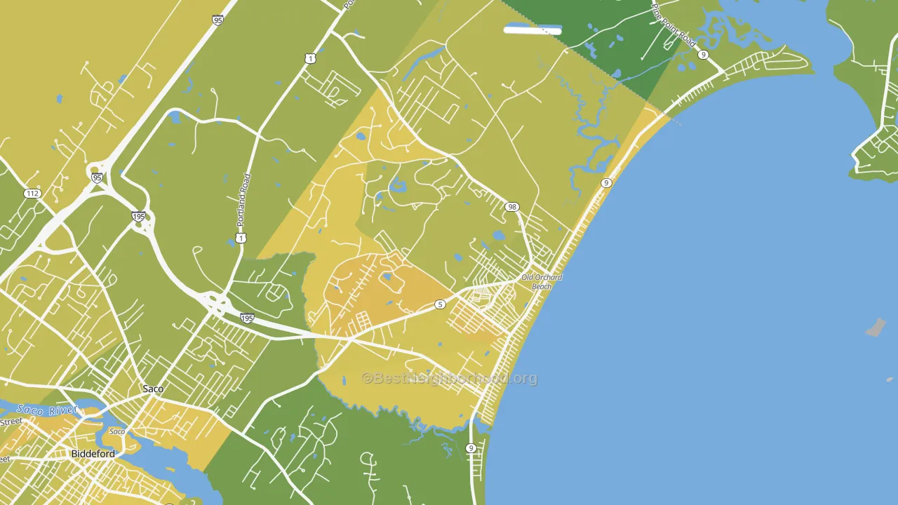 Map of the best neighborhoods in the 04064 area, with better matches in green and worse matches in red