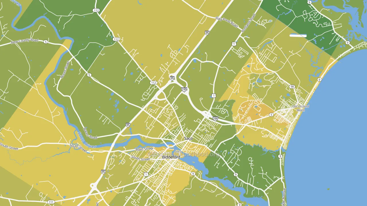 Map of the best neighborhoods in the 04072 area, with better matches in green and worse matches in red
