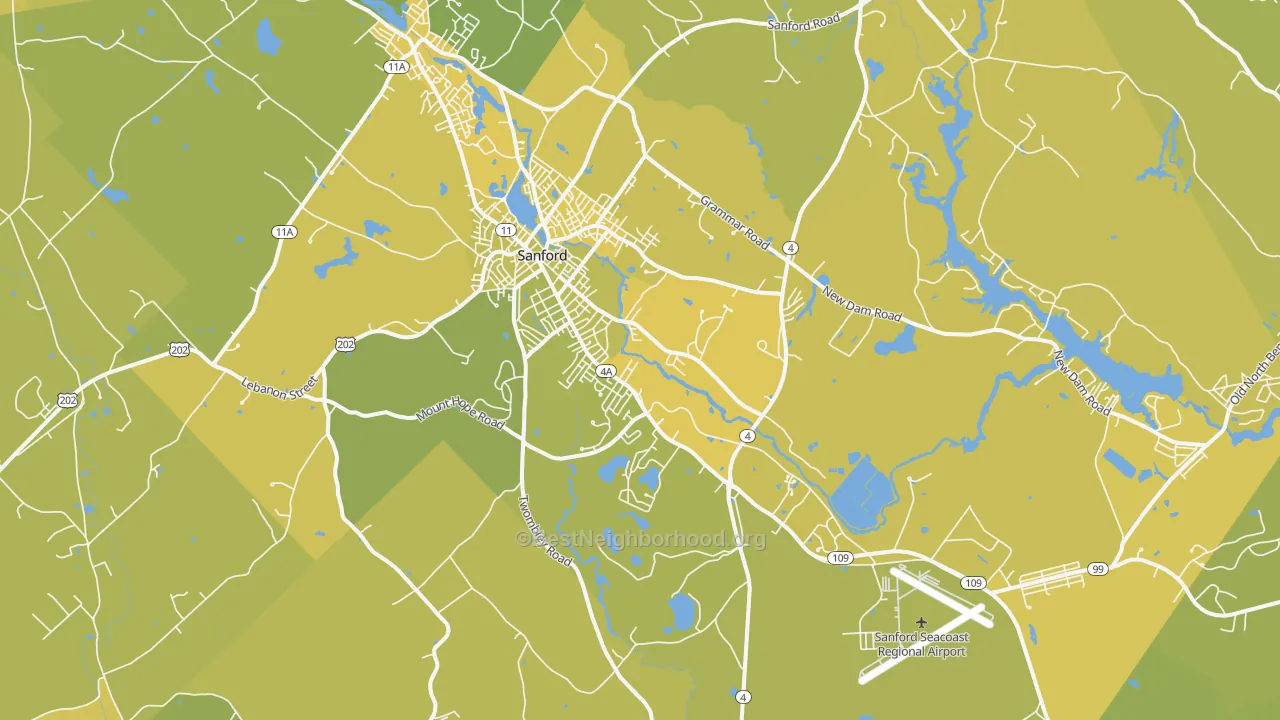 Map of the best neighborhoods in the 04073 area, with better matches in green and worse matches in red