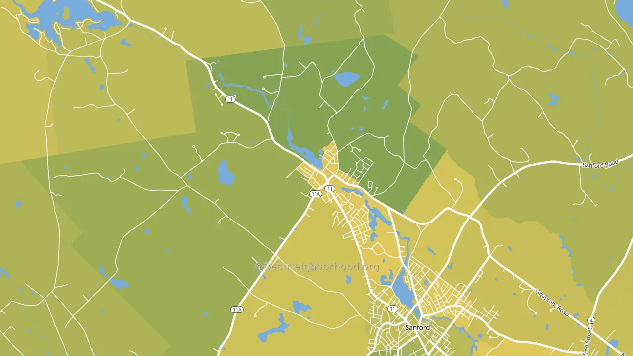 Map of the best neighborhoods in the 04083 area, with better matches in green and worse matches in red