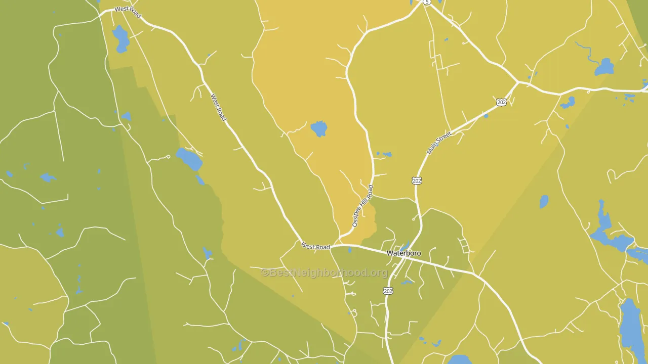 Map of the best neighborhoods in the 04087 area, with better matches in green and worse matches in red
