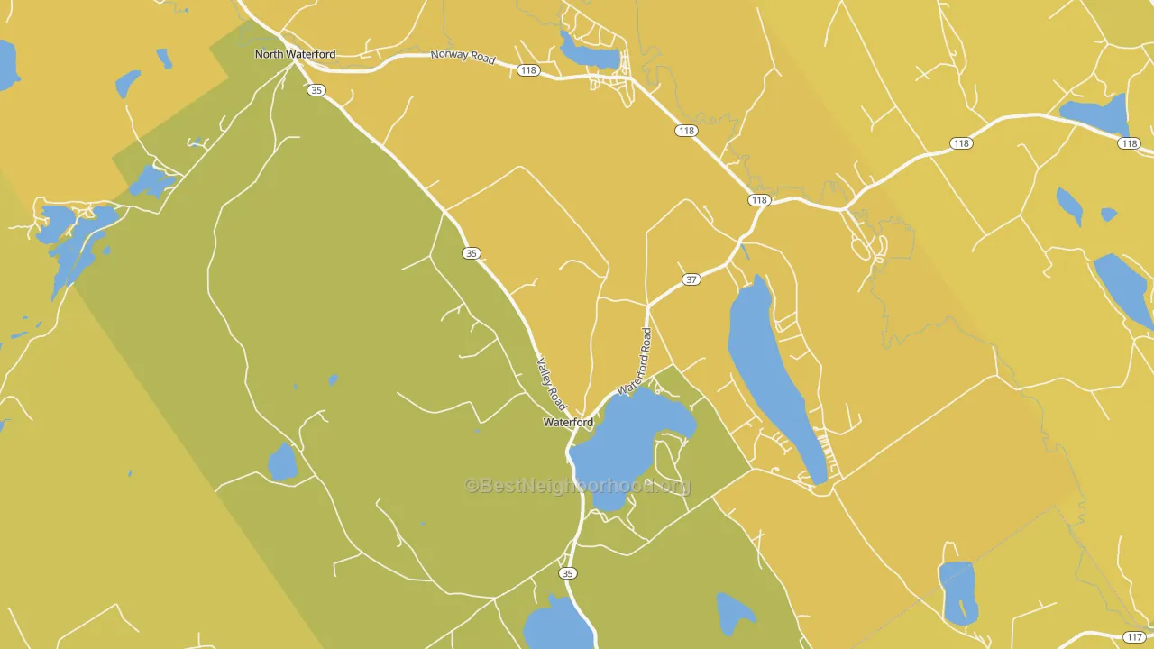 Map of the best neighborhoods in the 04088 area, with better matches in green and worse matches in red