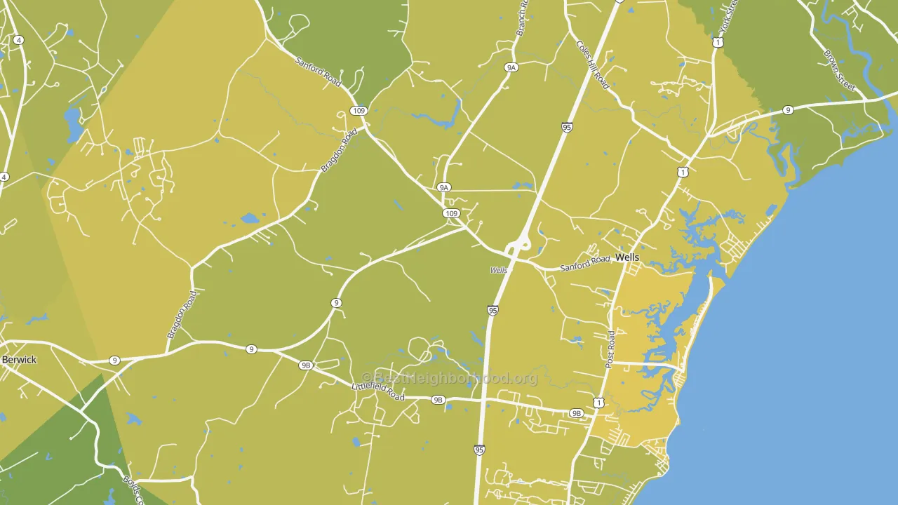 Map of the best neighborhoods in the 04090 area, with better matches in green and worse matches in red