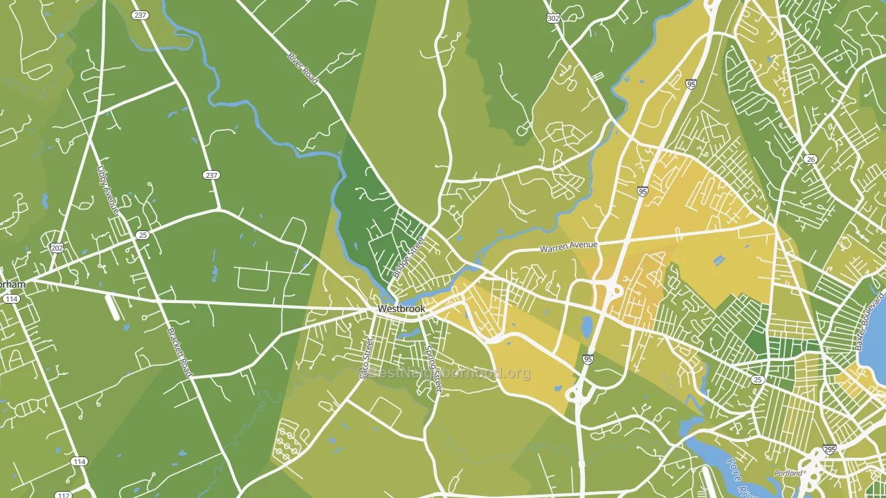 Map of the best neighborhoods in the 04092 area, with better matches in green and worse matches in red
