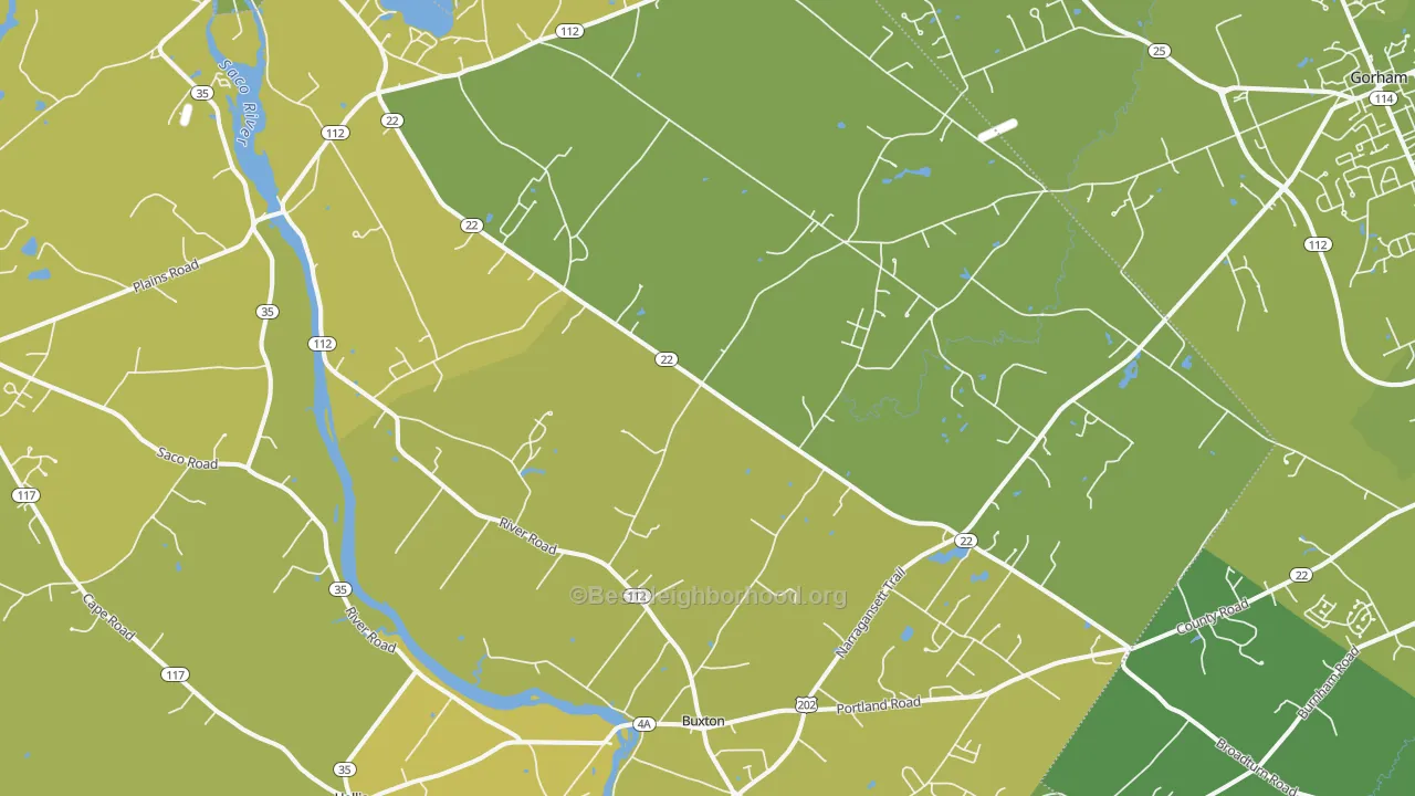Map of the best neighborhoods in the 04093 area, with better matches in green and worse matches in red