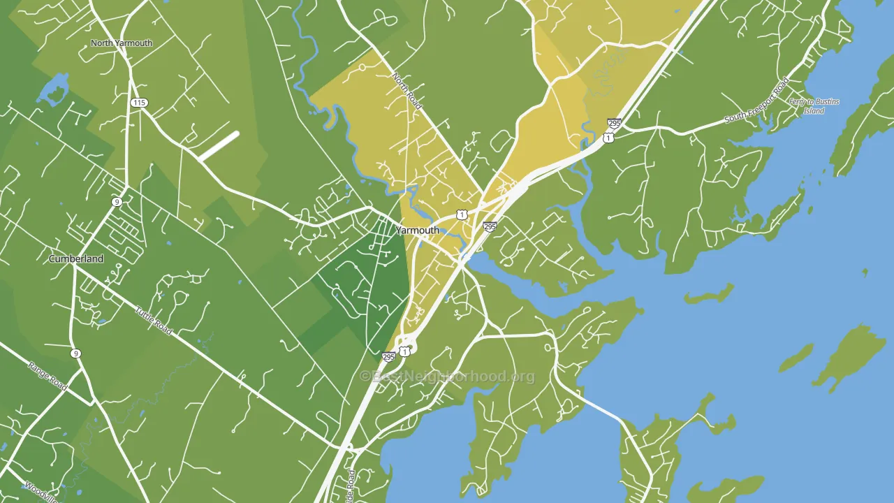 Map of the best neighborhoods in the 04096 area, with better matches in green and worse matches in red
