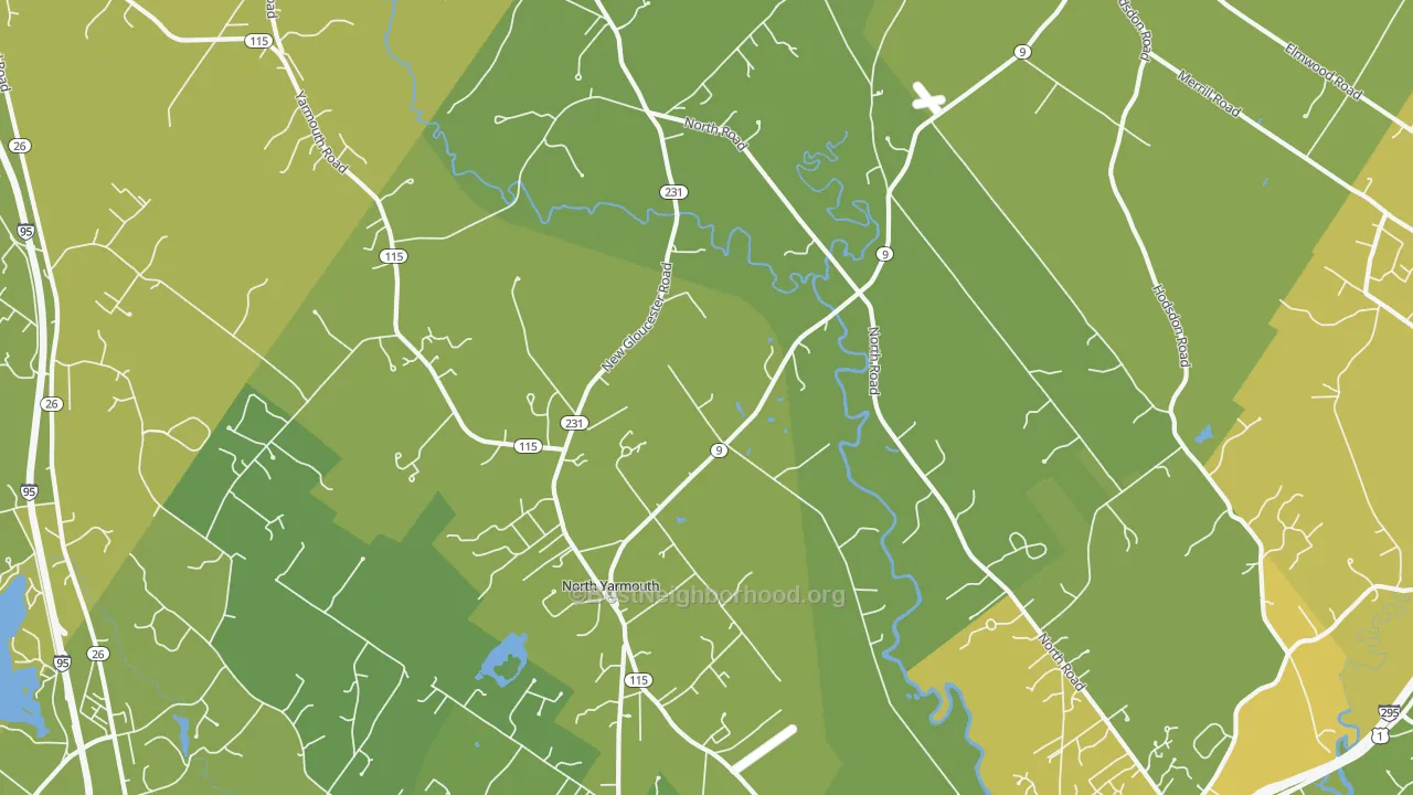 Map of the best neighborhoods in the 04097 area, with better matches in green and worse matches in red