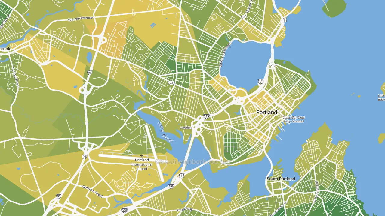 Map of the best neighborhoods in the 04102 area, with better matches in green and worse matches in red