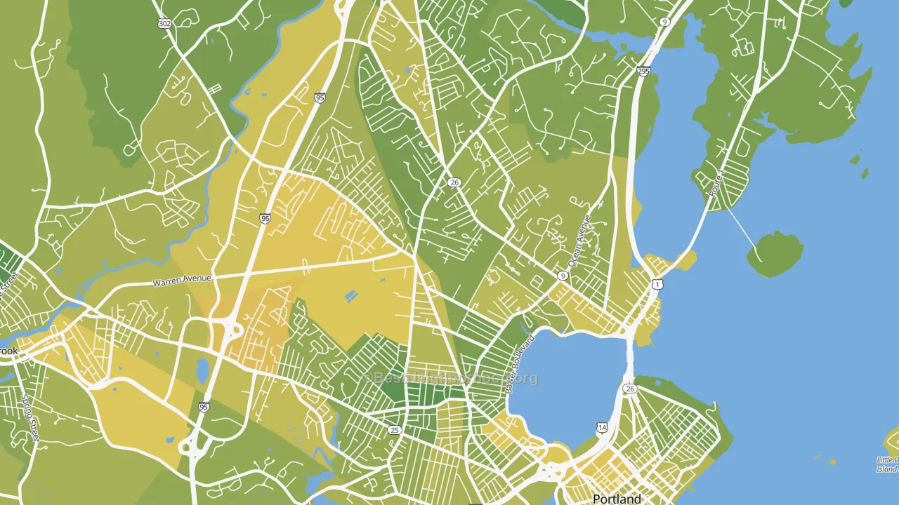 Map of the best neighborhoods in the 04103 area, with better matches in green and worse matches in red