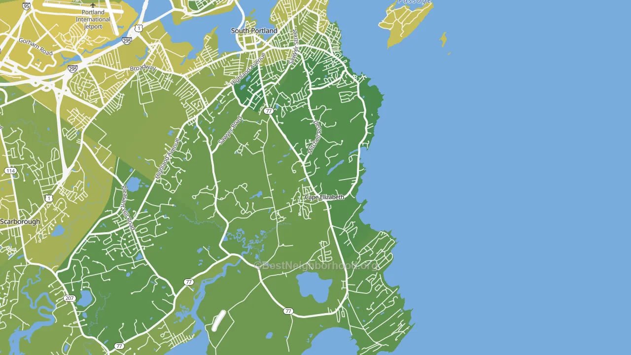 Map of the best neighborhoods in the 04107 area, with better matches in green and worse matches in red