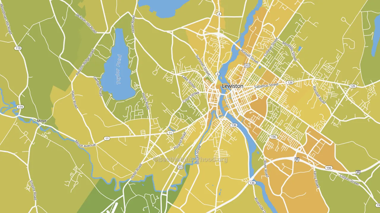 Map of the best neighborhoods in the 04210 area, with better matches in green and worse matches in red