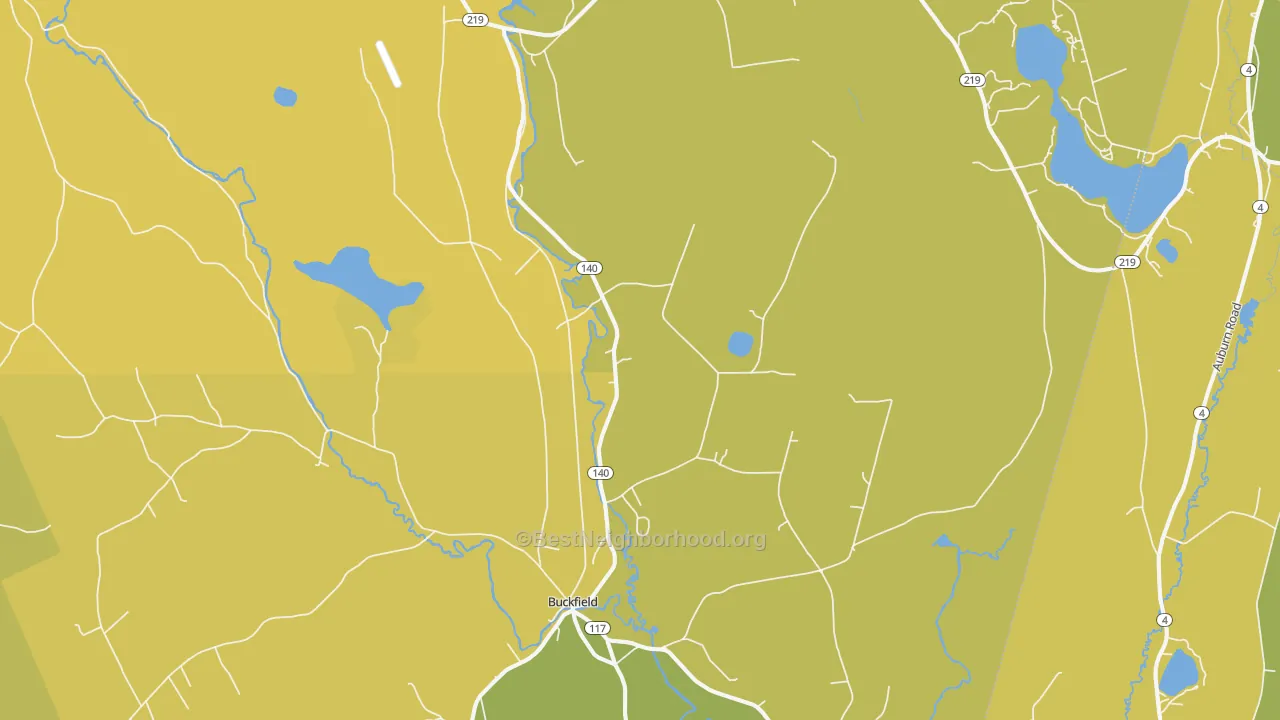Map of the best neighborhoods in the 04220 area, with better matches in green and worse matches in red