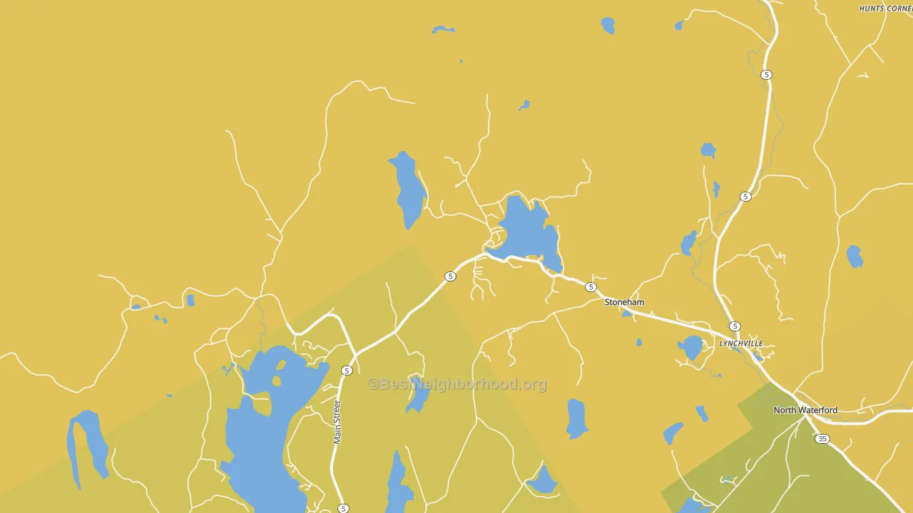 Map of the best neighborhoods in the 04231 area, with better matches in green and worse matches in red