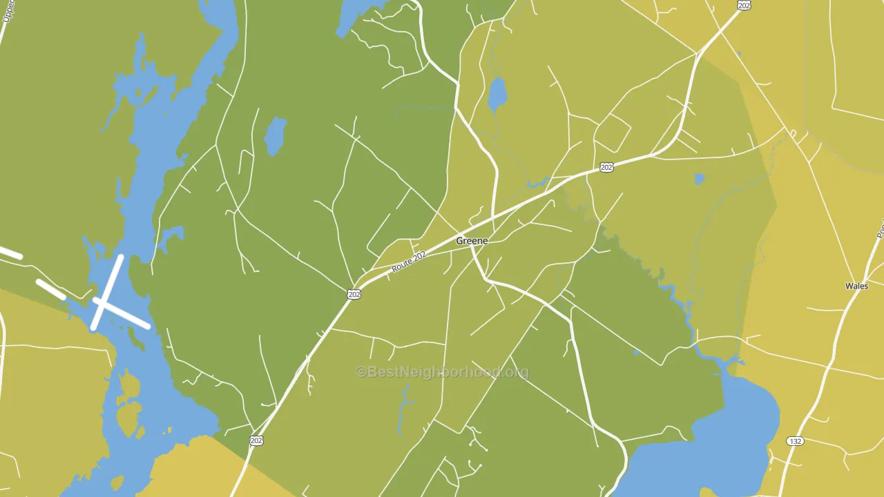 Map of the best neighborhoods in the 04236 area, with better matches in green and worse matches in red