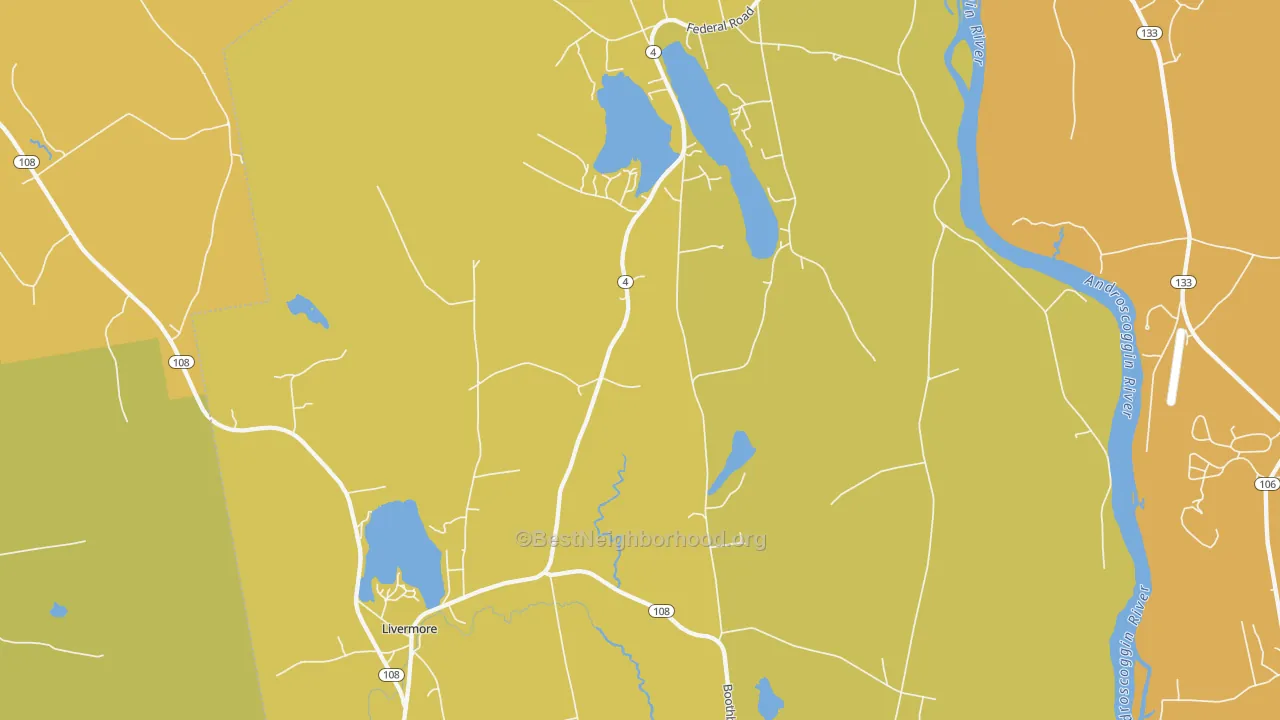 Map of the best neighborhoods in the 04253 area, with better matches in green and worse matches in red