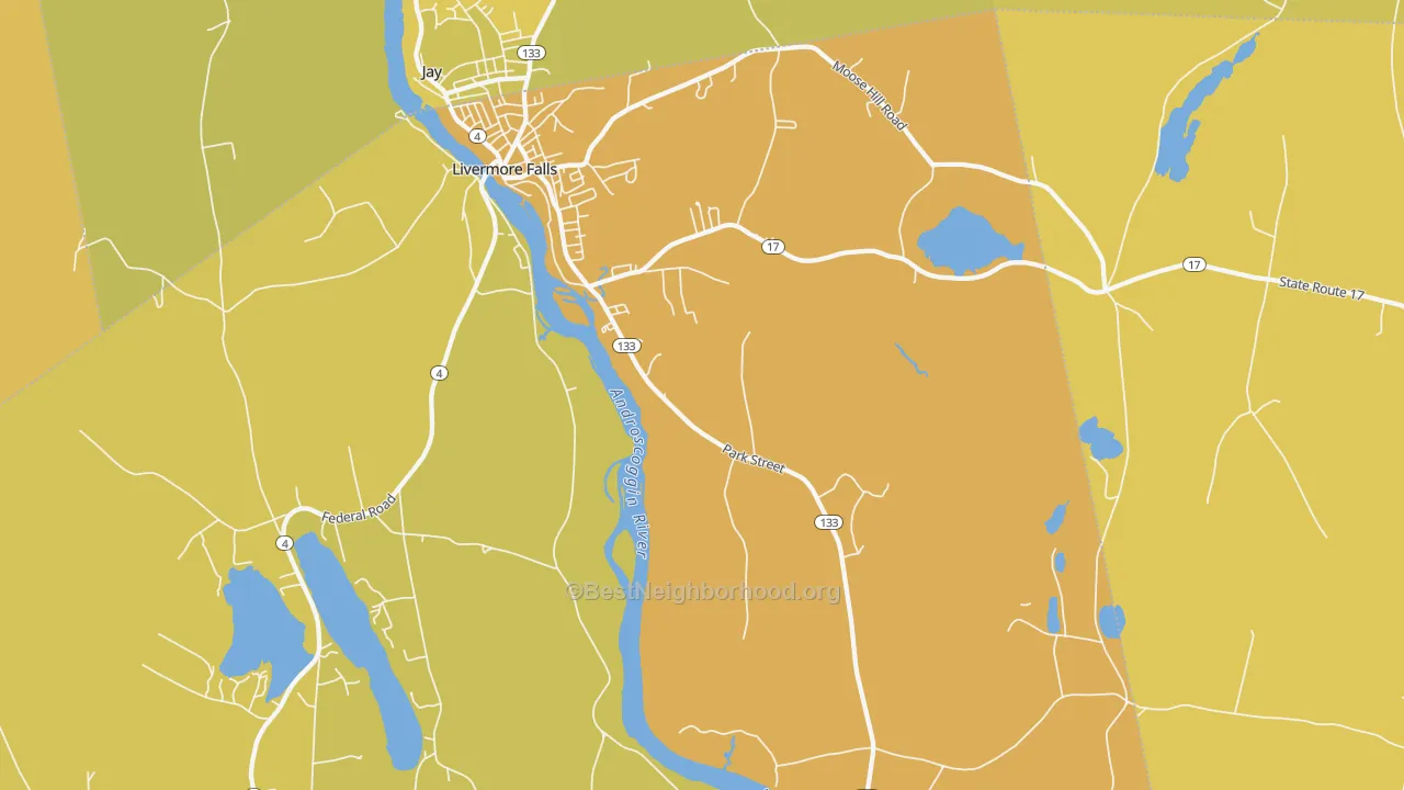 Map of the best neighborhoods in the 04254 area, with better matches in green and worse matches in red