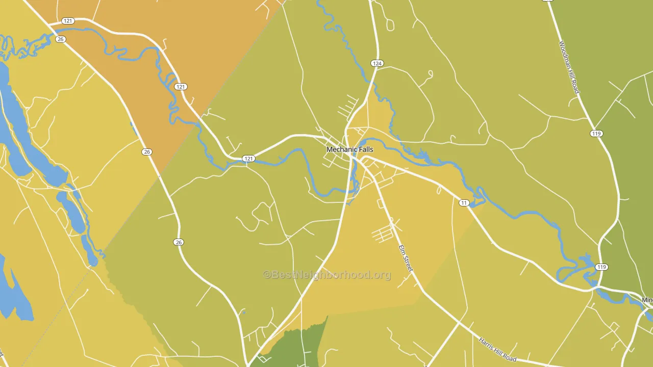 Map of the best neighborhoods in the 04256 area, with better matches in green and worse matches in red