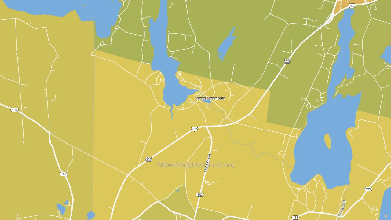 Map of the best neighborhoods in the 04265 area, with better matches in green and worse matches in red