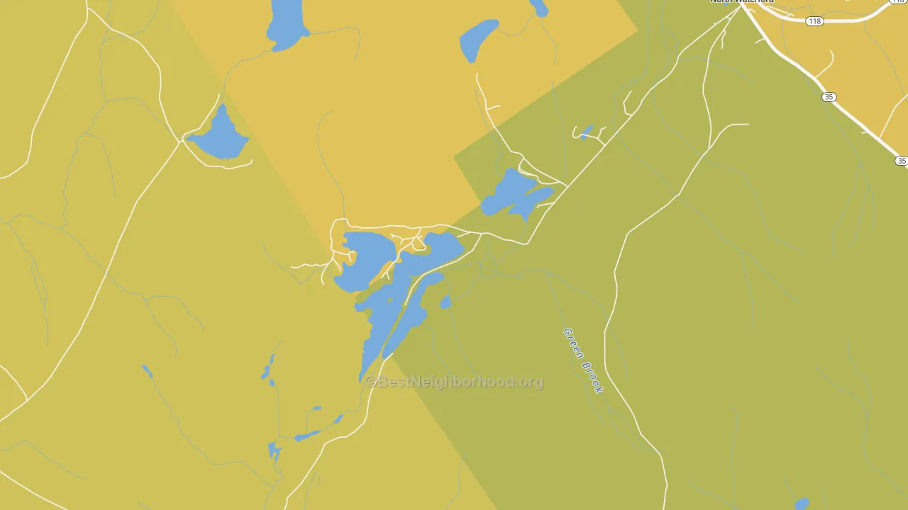 Map of the best neighborhoods in the 04267 area, with better matches in green and worse matches in red