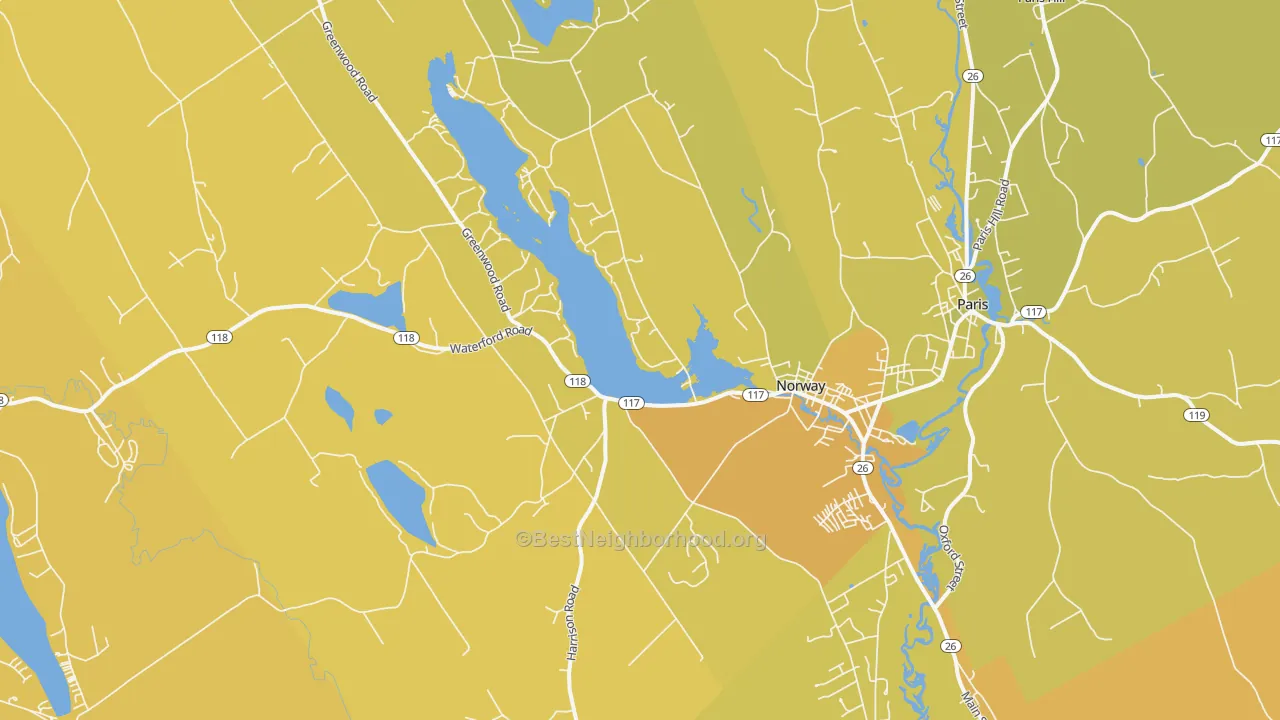 Map of the best neighborhoods in the 04268 area, with better matches in green and worse matches in red