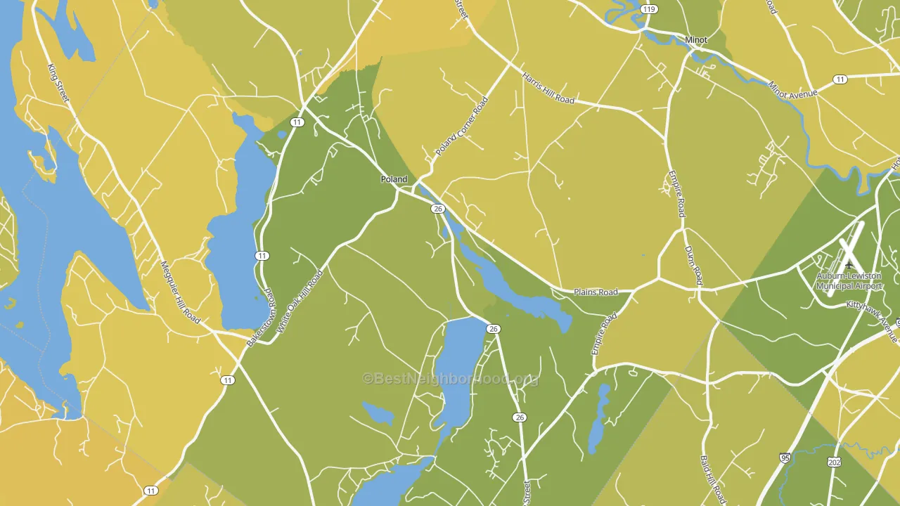 Map of the best neighborhoods in the 04274 area, with better matches in green and worse matches in red