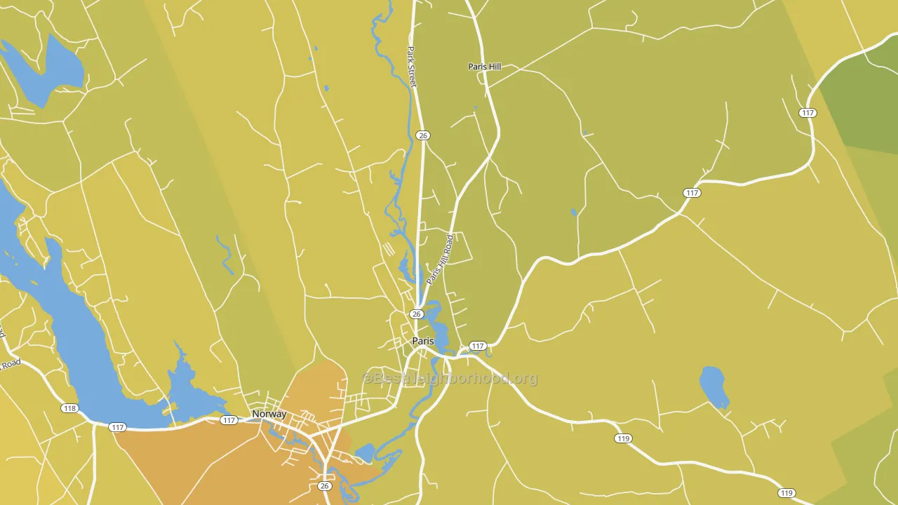 Map of the best neighborhoods in the 04281 area, with better matches in green and worse matches in red