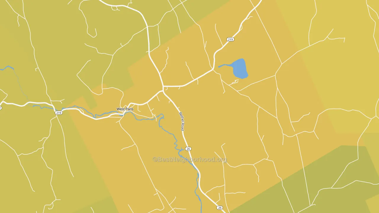 Map of the best neighborhoods in the 04289 area, with better matches in green and worse matches in red