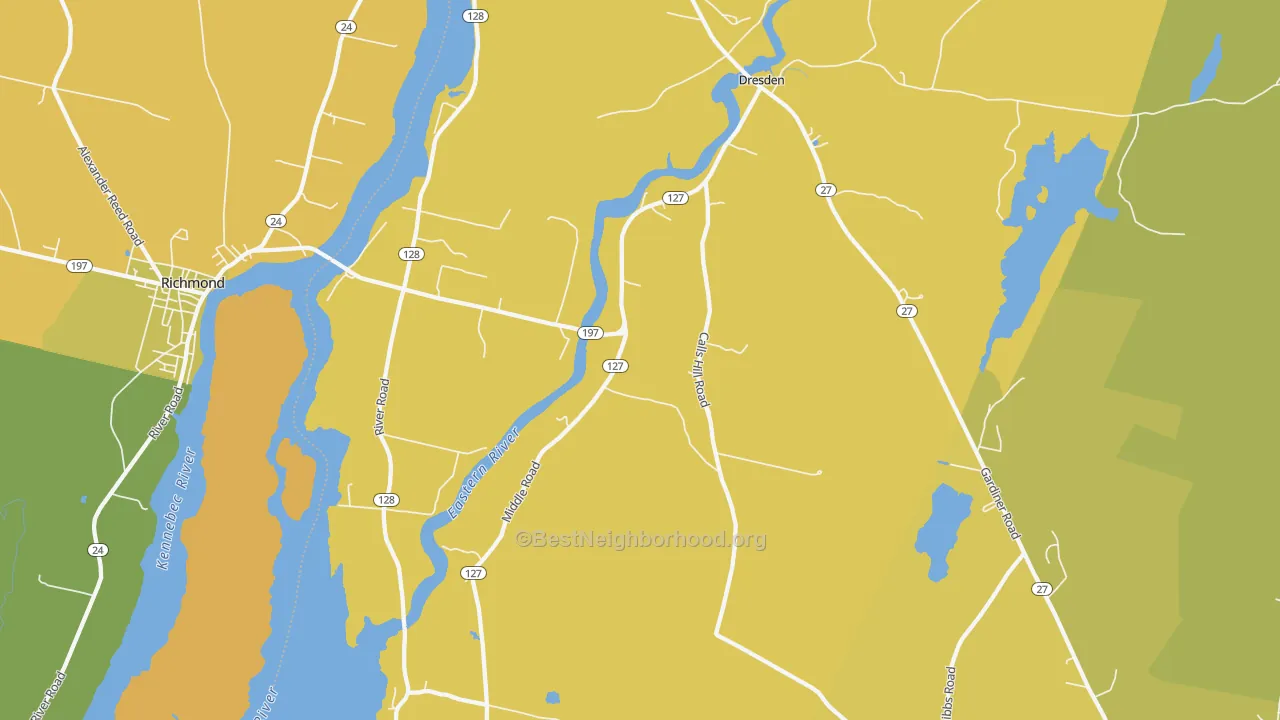 Map of the best neighborhoods in the 04342 area, with better matches in green and worse matches in red