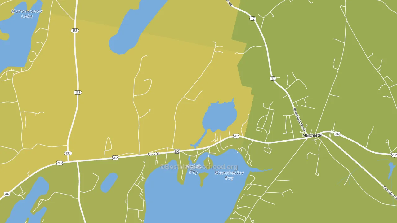 Map of the best neighborhoods in the 04343 area, with better matches in green and worse matches in red