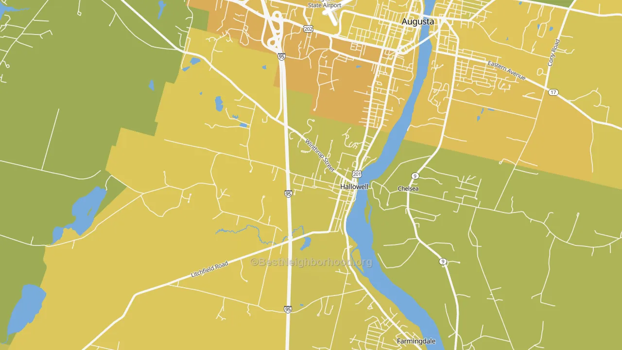 Map of the best neighborhoods in the 04347 area, with better matches in green and worse matches in red