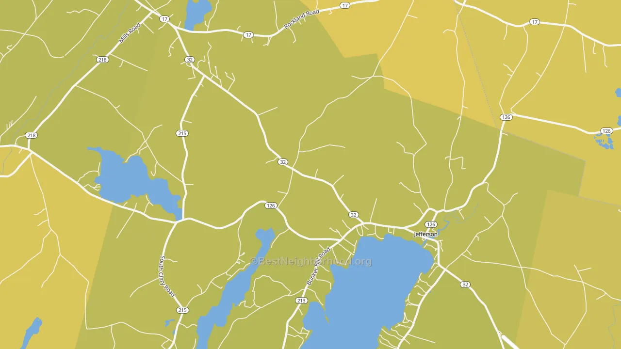 Map of the best neighborhoods in the 04348 area, with better matches in green and worse matches in red